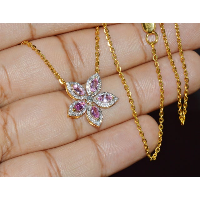 Late 20th Century Late 20th Century Certified Natural 1.23cts Pink Sapphire & Diamond Floral Solid 18k Yellow Gold Necklace For Sale - Image 5 of 13