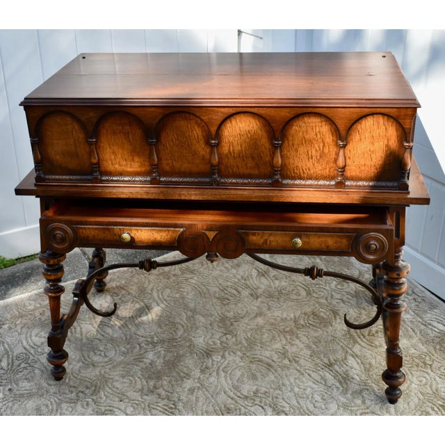 1920s Antique Skandia Unique Carved Inlaid Walnut & Satinwood Tudor Style Spinet Desk For Sale - Image 5 of 12
