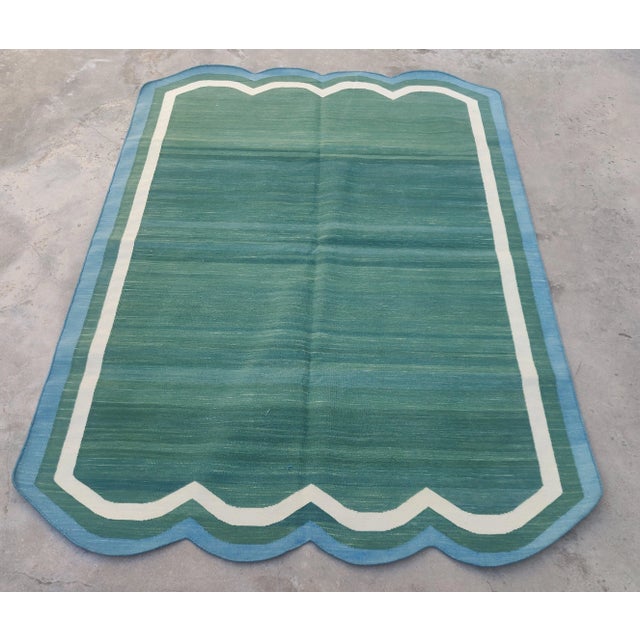 Mid-Century Modern Handmade Cotton Scalloped Rug, Forest Green With Cream and Teal Blue Border - 4'x6' For Sale - Image 3 of 11