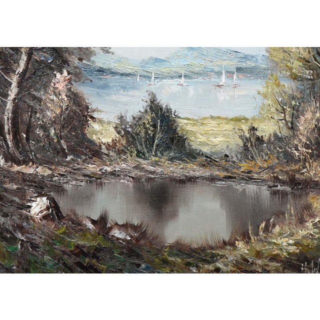 Impressionist Vintage Landscape -- Sailboats on Mountain Lake by Hans Werner For Sale - Image 3 of 4