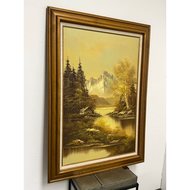 Cabin Alpine Mountain Lake Landscape Original Oil Painting, Vintage For Sale - Image 3 of 12