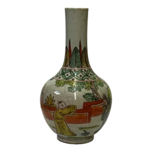 Chinese Distressed Off White Crackle Color Graphic Small Vase