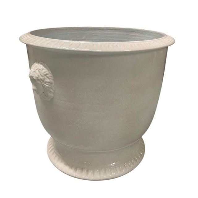 Italian Contemporary Italian White Glazed Ceramic Cachepot With Bacchic Mascarons For Sale - Image 3 of 9