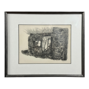 Vintage Realist Abandoned Stone Dwelling (C. 1970) Graphite on Paper, Signed