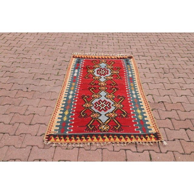 1980s Ethnic Turkish Hand-Knotted Abstract Pattern Kilim For Sale - Image 10 of 10