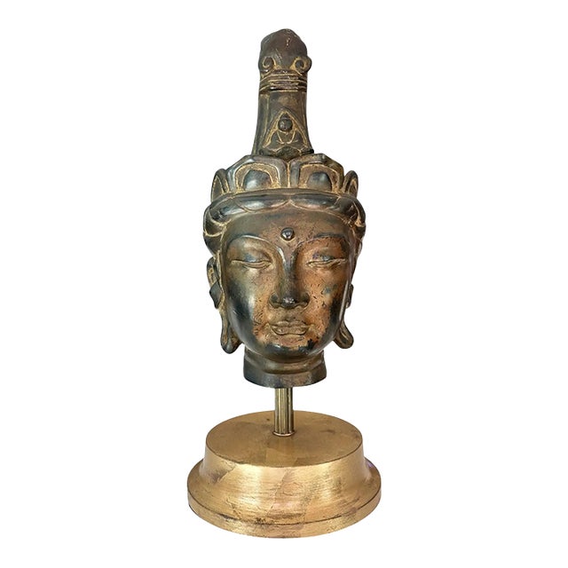 Vintage Gilt Bronze Bust Giltwood Stand Buddhist Deity Kannon Bosatsu For Sale