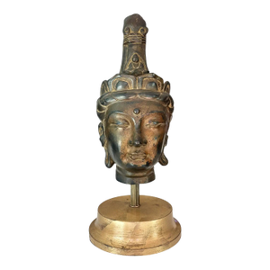 Vintage Gilt Bronze Bust Giltwood Stand Buddhist Deity Kannon Bosatsu