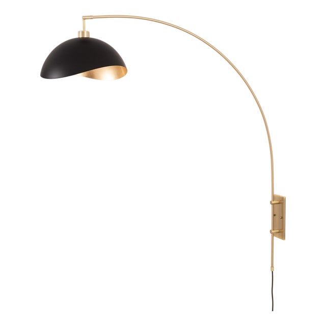 Luna Bella Wall Arc Lamp, Weathered Brass, Matte Black/Gold Shade, Dimmable For Sale