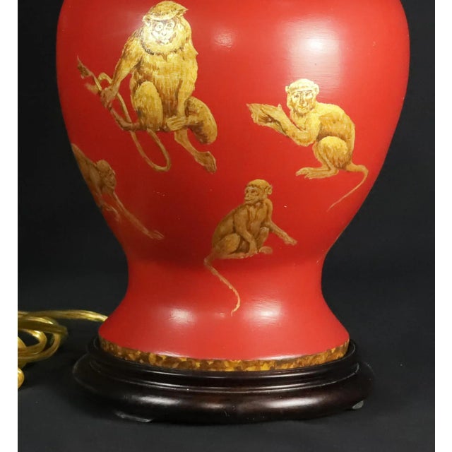 Ceramic A Pair Vintage Hand-Painted Cute Monkey Jar Table Lamp For Sale - Image 7 of 9