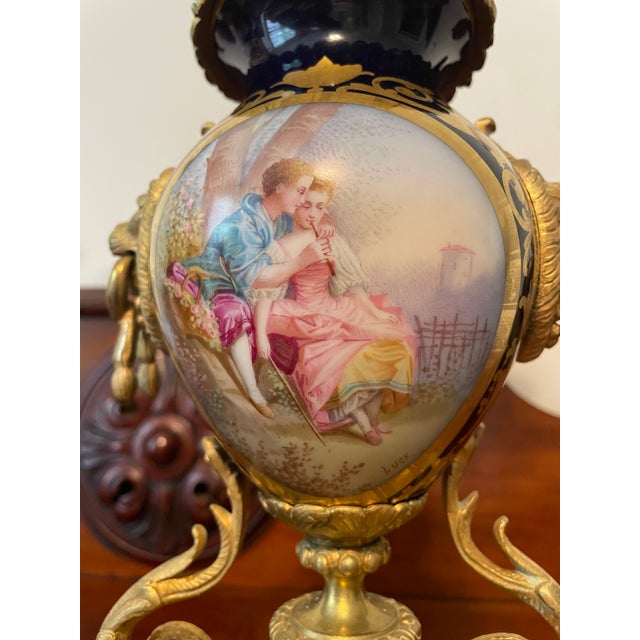 French Gold Gilt Sevre's Style Cobalt Blue Candelabra Pair 19th Century French Louis XI Style For Sale - Image 3 of 14