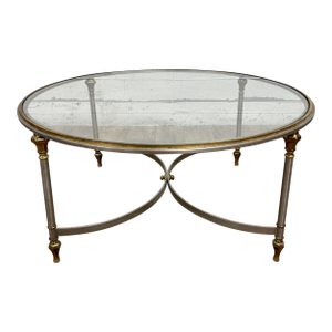 Vintage MCM Round Chrome or Pewter, Brass, and Glass Coffee Table Cocktail Table