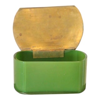 Antique Opaque Green Glass Dresser/Powder Box With Brass Lid For Sale