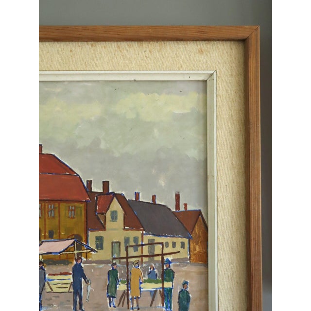 Paint 1957 Mid-Century Modern 'Market Day in the Square' Vintage Original Street Scene Landscape Oil Painting, Framed For Sale - Image 7 of 12