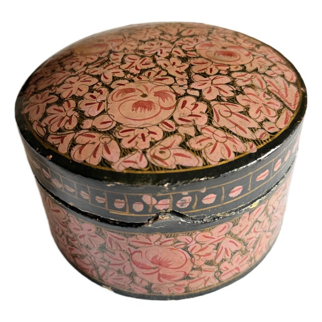 Vintage 1970s Kashmiri Papier Mâché Floral Trinket Box Black Pink and Gold For Sale