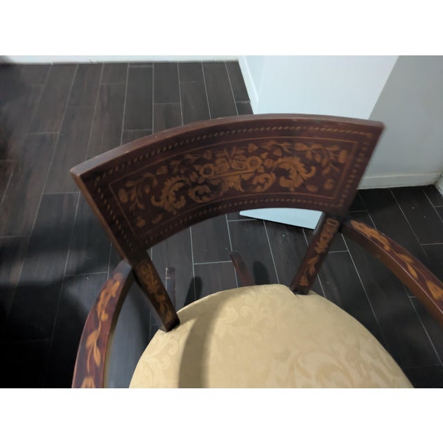 Wood Pair 19th Century Dutch Marquetry Inlaid Mahogany Upholstered Armchairs For Sale - Image 7 of 12