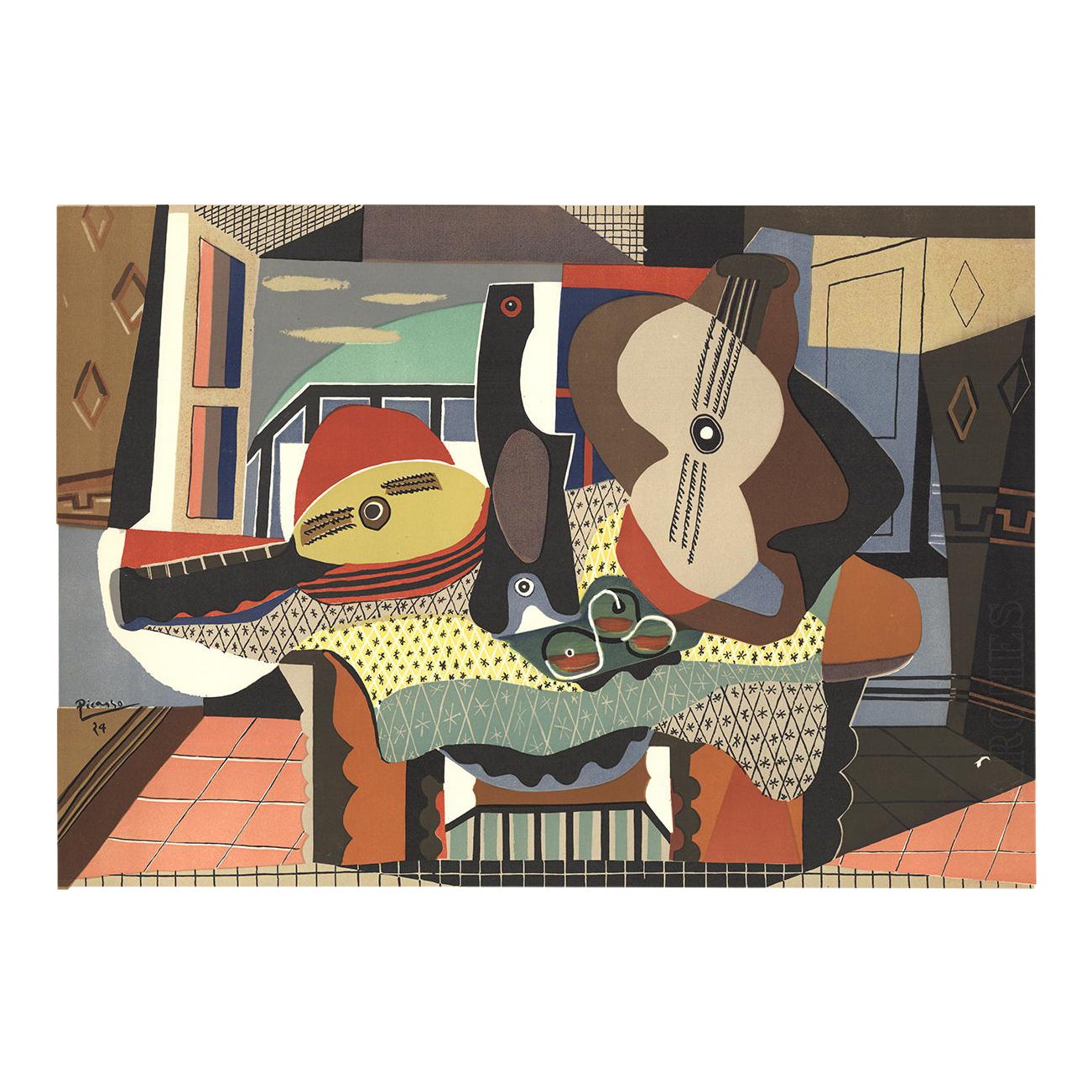 Pablo Picasso Mandolin and Guitar 27" X 21.5" Lithograph 1958 Cubism