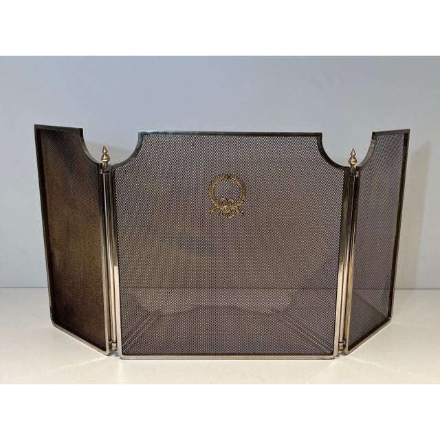 Neoclassical Fireplace Screen in Steel, Brass and Mesh in Neoclassical Style For Sale - Image 3 of 10