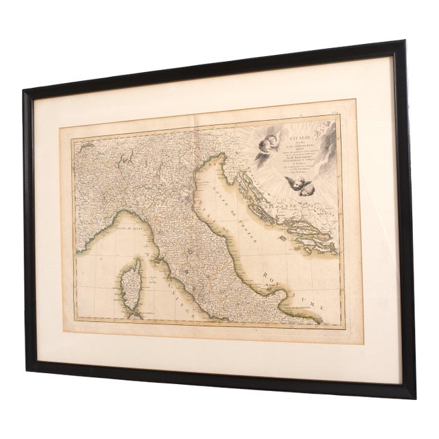 Vintage Framed & Matted Colored Map Engraving of Italy For Sale
