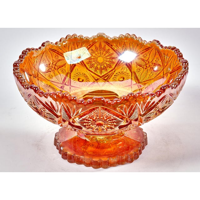 1950s Imperial Glass Fancy Flowers Orange Carnival Glass Footed Bowl