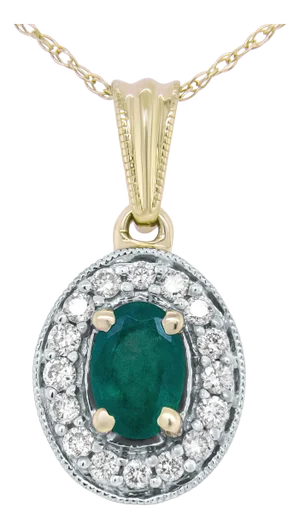 14K Yellow Gold 6x4mm Emerald and 1/5 Cttw Round Diamond Halo Pendant 18" Necklace - (H-I Color, SI1