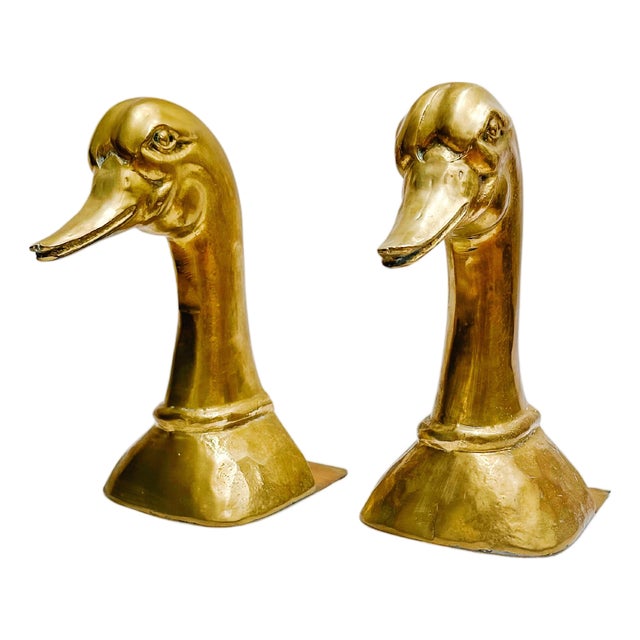 Mid 20th Century Solid Brass Spanish Duck Head Bookends by Sarreid - A Pair For Sale
