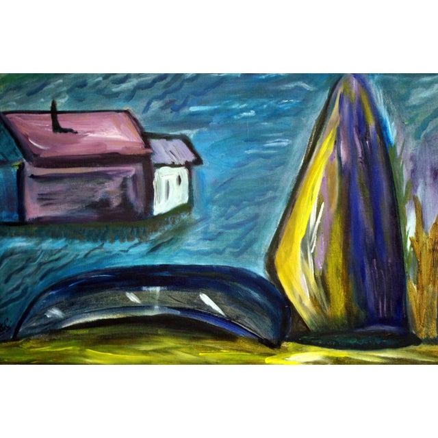 1980s Colette Calilhanna "Purple Village" Expressionist Acrylic Framed Painting For Sale - Image 10 of 11