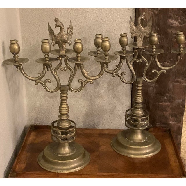 Brass Antique Brass Candelabra Sabbath Judaica Europe 4 Light With Eagle Holding Swords - a Pair For Sale - Image 8 of 9