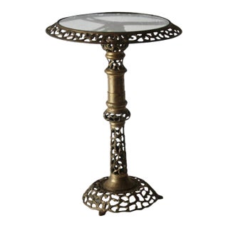 1970s Pierced Reticulated Brass Pedestal Glass Top Drinks Side Table For Sale