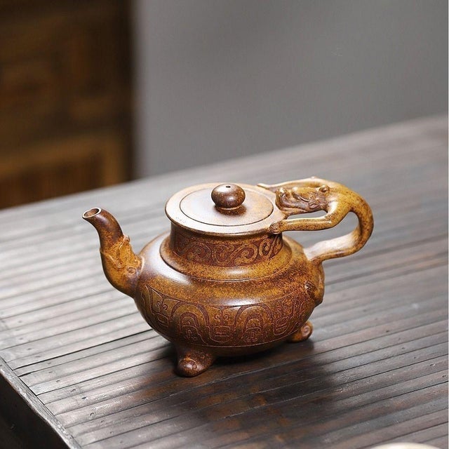 Sculpture Materials Hand-Carved Auspicious Motif Yixing Zisha Wine & Tea Pot – Wood-Fired Golden Vessel (Jin Zun) Handmade Clay Teapot For Sale - Image 7 of 9