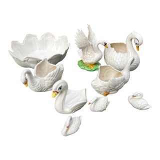 Collection of Vintage White Ceramic Swan Bowls and Figurines- Set of 9 For Sale
