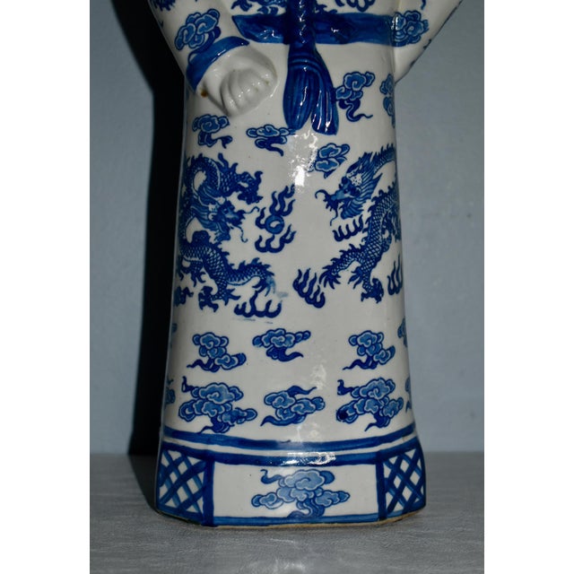 Vintage Blue & White Porcelain Qing Emperor Statue For Sale - Image 9 of 12