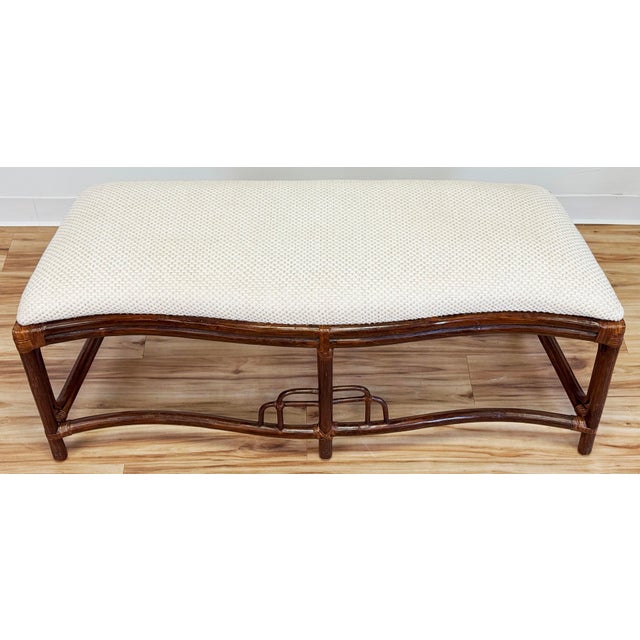 Chinoiserie Vintage Upholstered Chinoiserie Style Rattan Bench For Sale - Image 3 of 15