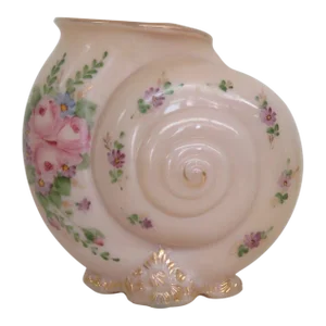 Cambridge Glass Shell Vase Crown Tuscan Nautilus Painted Flowers Gold Trim