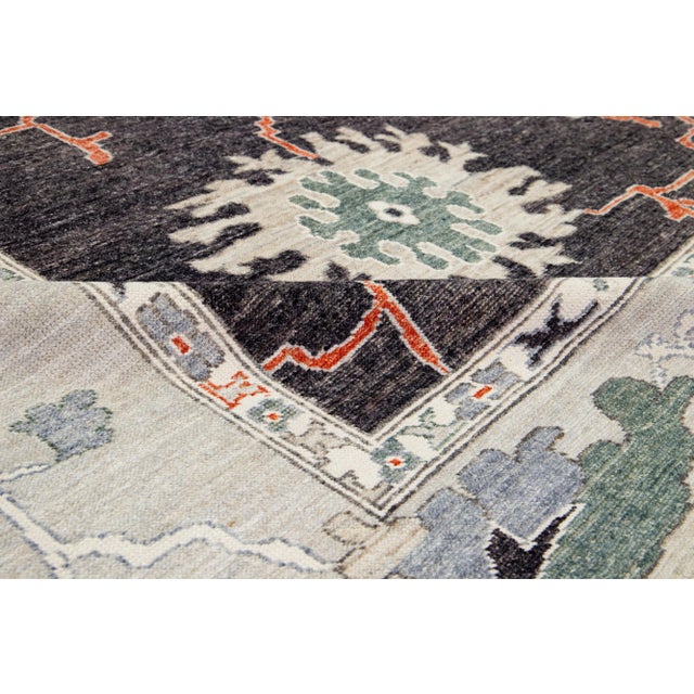Charcoal Contemporary Turkish Oushak Wool Rug in Charcoal Color With Artwork Pattern For Sale - Image 8 of 10