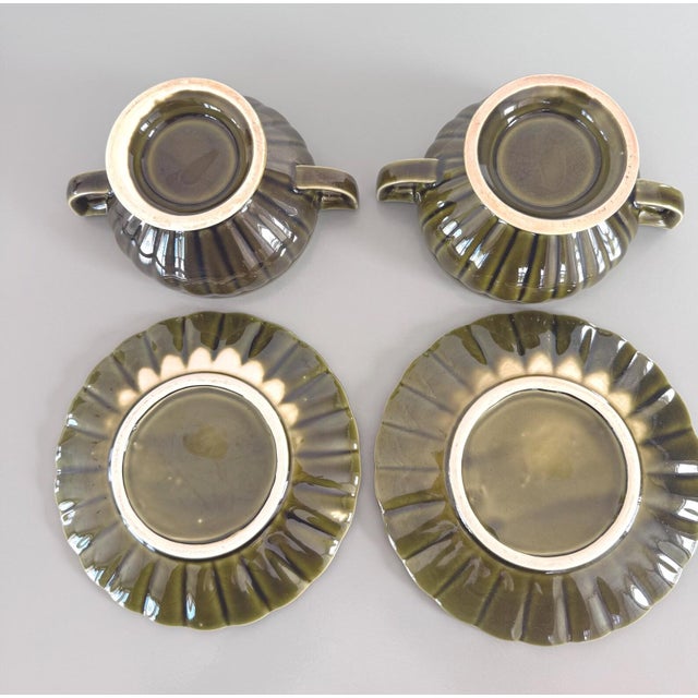 Mid 20th Century Vintage Green Double Handle Soup Bowls and Saucers Set of 4 For Sale - Image 5 of 8