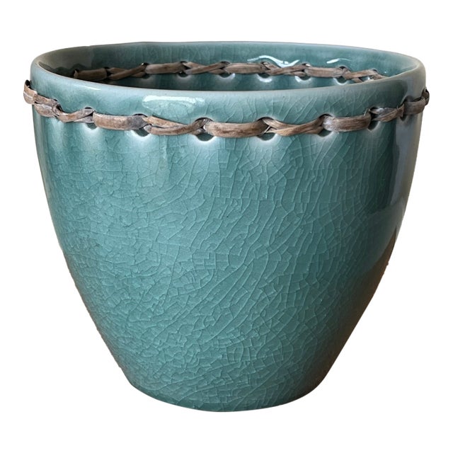 Dark Teal ‘Crazed’ Glazed Ceramic Planter For Sale