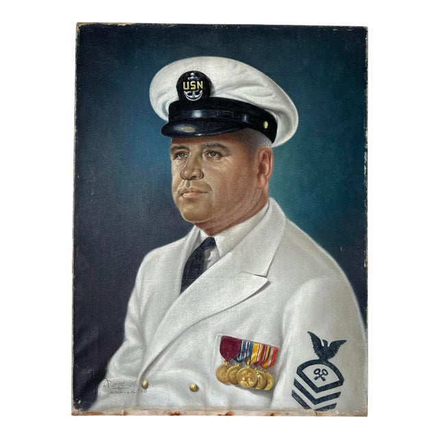 Vintage Oil Portrait Painting of a Naval Officer, Signed For Sale