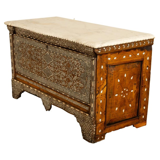 Antique Arabic Walnut Inlaid Mother-of-Pearl Dowry Marriage Chest Damascus 1860 For Sale - Image 15 of 17