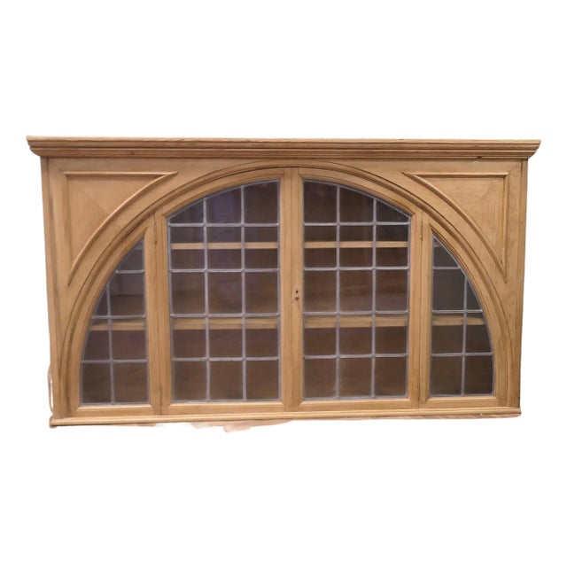Arts & Crafts Arched Pine and Leaded Glass Cupboard, 1930s For Sale