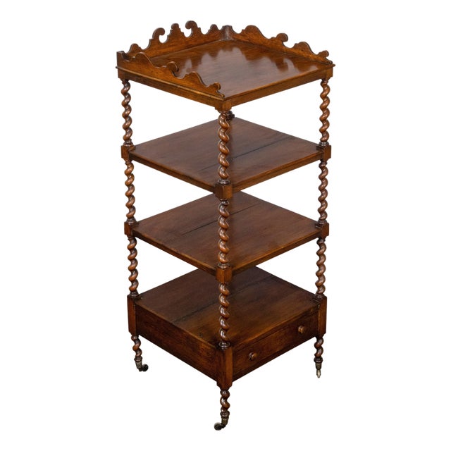 English 19th Century Walnut Barley Twist Tiered Shelf on Casters with Drawer For Sale