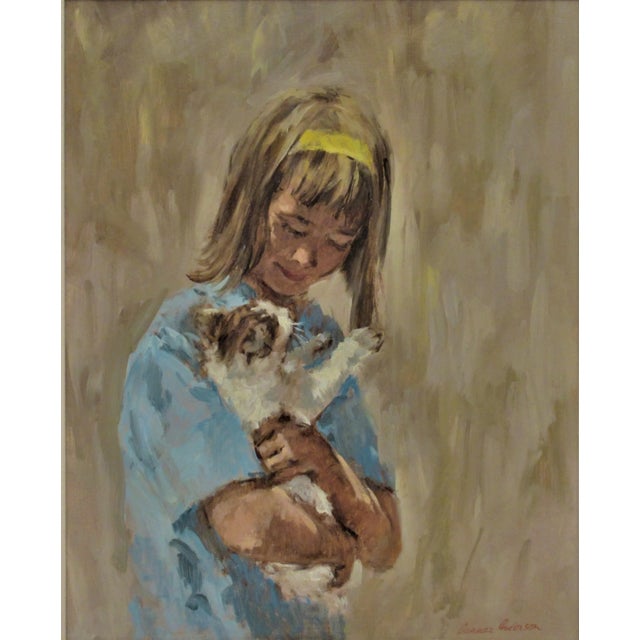This artwork "Young Girl with Her Cat" c.1990 is an oil painting on panel by noted American artist Gunnar Donald Anderson,...