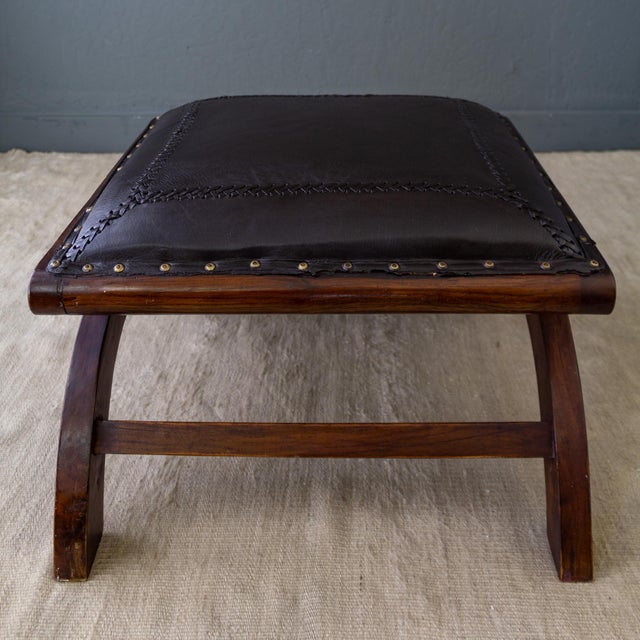 Leather and Rosewood X Frame Ottoman or Footstool With Brass Nailhead Trim For Sale - Image 13 of 13