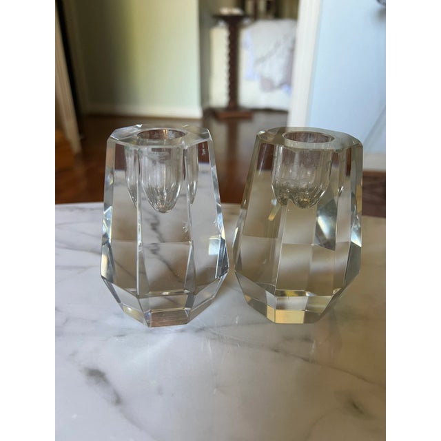 1990s Hoya Japan Crystal Teardrop Faceted Candle Holders - Set of Two For Sale - Image 4 of 5