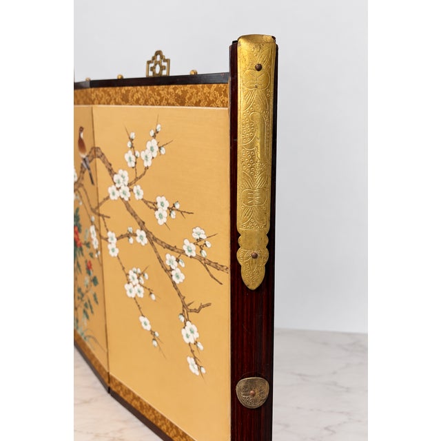 Chinese The Poetry of Spring – Vintage Chinese Four-Panel Folding Screen, Hong Kong, Circa 1960s For Sale - Image 3 of 8