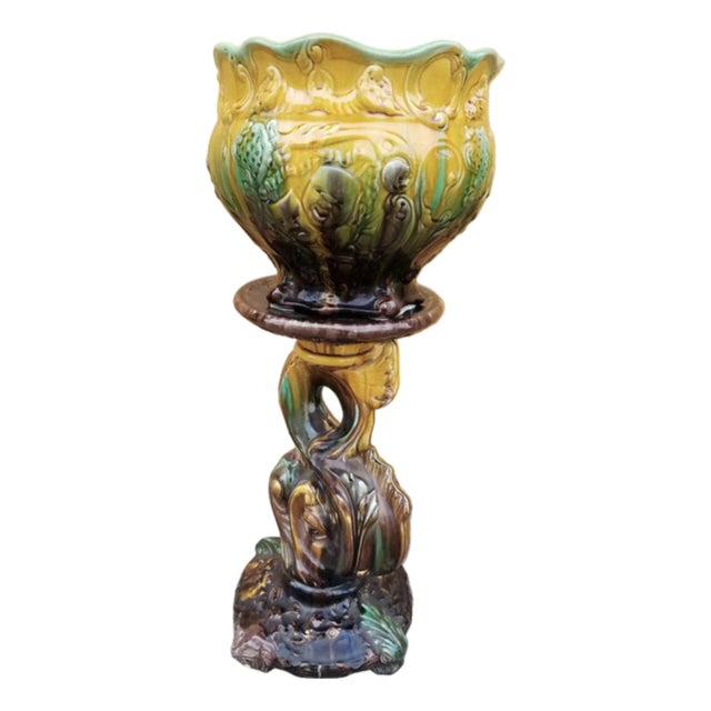 Vintage Weller Majolica Pottery Jardiniere & Pedestal Set For Sale