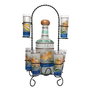 1990s Service for 6 Tequila Liquor Frosted Glass Koi Fish Decanter Set on Wrought Iron- 8 Pieces For Sale