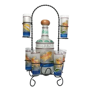 1990s Service for 6 Tequila Liquor Frosted Glass Koi Fish Decanter Set on Wrought Iron- 8 Pieces