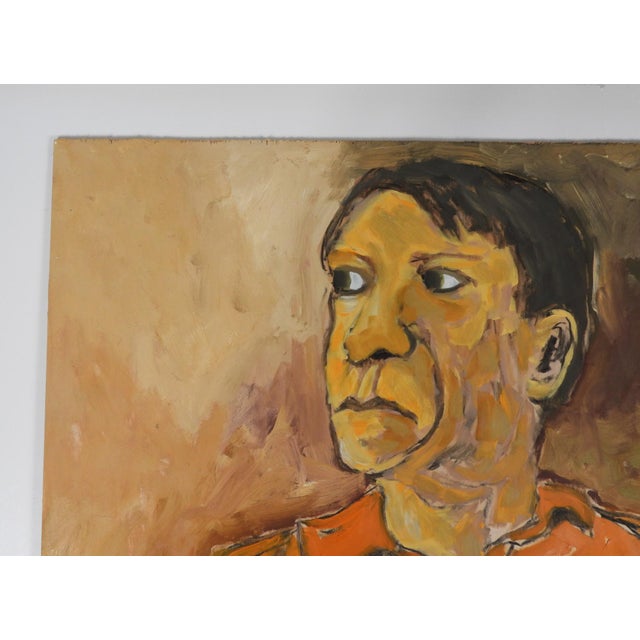 Contemporary oil on wood panel expressionist portrait painting of man in orange shirt by K. C. Bacon (1948-2026)...