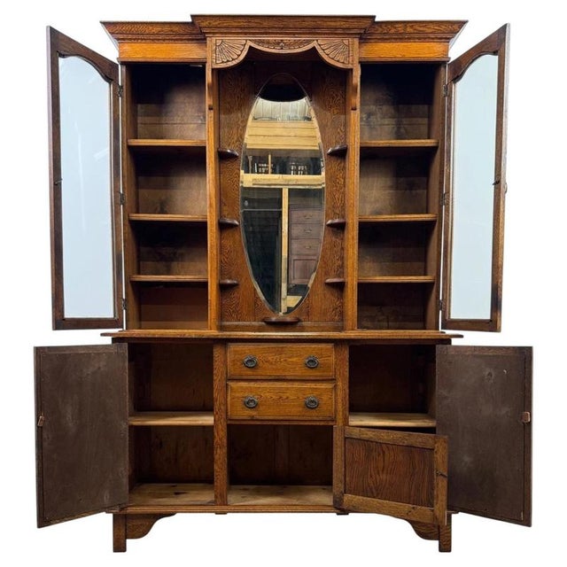 Early 20th Century English Art Nouveau Oak Dresser with Bevelled Mirror For Sale - Image 3 of 14