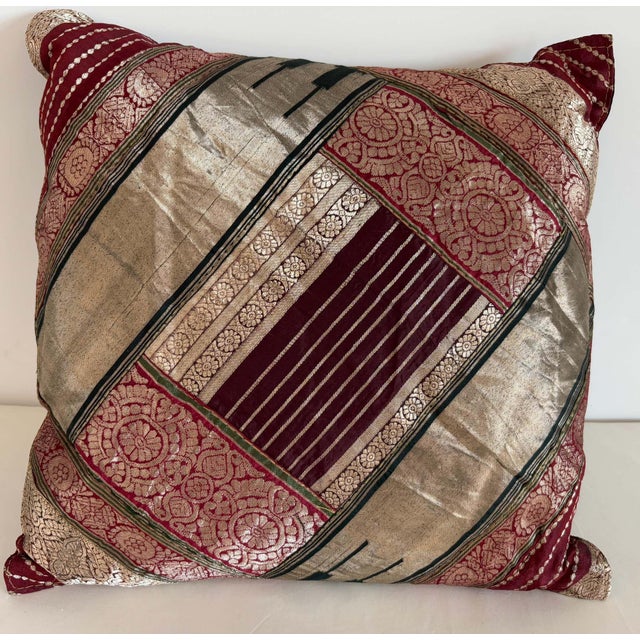 One-of-a-Kind Indian Silk Sari Pillow, Metallic Zari Embroidery, 1980 For Sale - Image 4 of 10